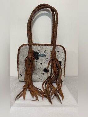 Fringed Cowhide Shoulder Bag in Brown and White